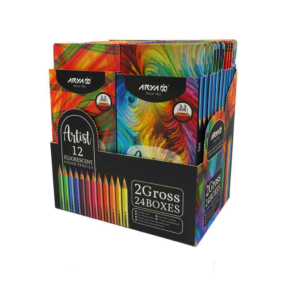 مدادرنگی12رنگ فلورسنت جعبه مقوایی آریا کد 3612 - 361124عددی